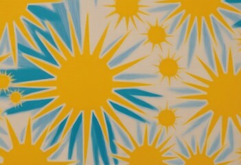 pattern of suns in different shades of yellow, overlaid with a bright multicolored painting of a summer day