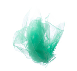 Green Organza fabric flying in curve shape, Piece of textile blue sky organza fabric throw fall in air. White background isolated motion blur