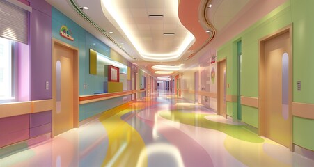 Pediatric ward with colorful floor patterns and soft lighting