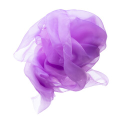 Purple Violet Organza fabric flying in curve shape, Piece of textile blue sky organza fabric throw fall in air. White background isolated motion blur