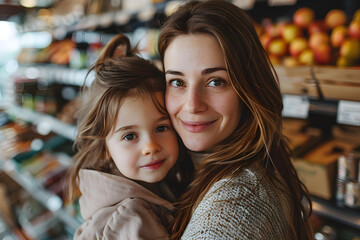 A mother and her little daughter shopping for groceries in a supermarket