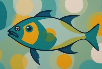 Naklejka premium pattern of bubbles in different shades of sea green, overlaid with a playful multicolored painting of a fish swimming