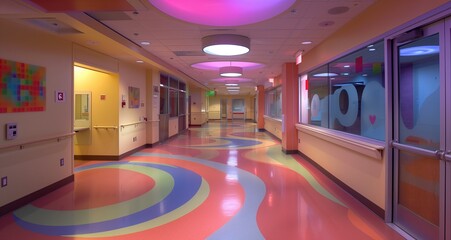 Pediatric ward with colorful floor patterns and soft lighting - obrazy, fototapety, plakaty