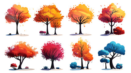 collection of trees, set of colorful autumn trees