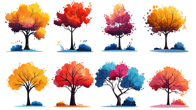 collection of trees, set of colorful autumn trees
