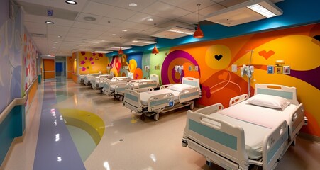 Pediatric ward with vibrant wall murals and comfortable beds