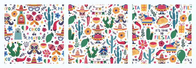 Mexico seamless vector patterns set. Carnival celebration - tequila, lime, taco, sugar skulls, cacti, flowers, maracas, pinata, sombrero. Fiesta, Cinco de Mayo holiday on May 5th. Cartoon backgrounds