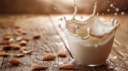 Almond milk splash in a white cup with whole almonds scattered on rustic wood