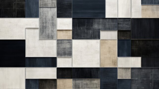 grey and white squares on a dark black background, in the style of striped arrangements, dark indigo and dark beige