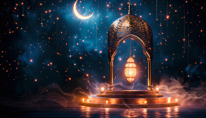 A mystical lantern hanging within an ornate arch, glowing amidst a surreal starry backdrop with a crescent moon illuminating. - obrazy, fototapety, plakaty