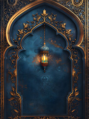 Eid al Adha Feast of Sacrifice Background with Goat Arabic Ornament and Luxury Mandala Lantern