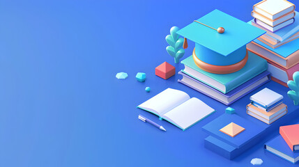 Modernistic Visualization of Educational Concepts with Floating Isometric Elements on a Vibrant Blue Background