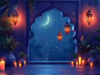 Enchanting Eid Al Fitr with Glowing Lanterns and Crescent Moon