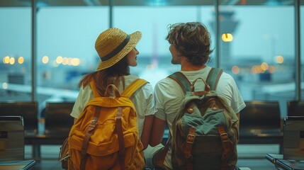 Obraz premium happy couple with a backpack stands at the airport near the departure board, looking to departure board. Summer travel concept.