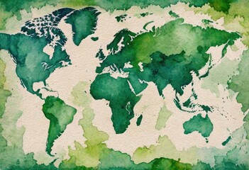 modern wallpaper with a pattern of globes in different shades of green, overlaid with a stylish multicolored painting of a world map..