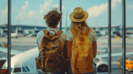 happy couple with a backpack stands at the airport near the departure board, looking to departure board. Summer travel concept.
