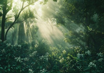 A misty lush green forest with dappled sunlight streaming through the leaves
