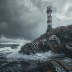 An old red and white lighthouse on a rocky, stormy coastline