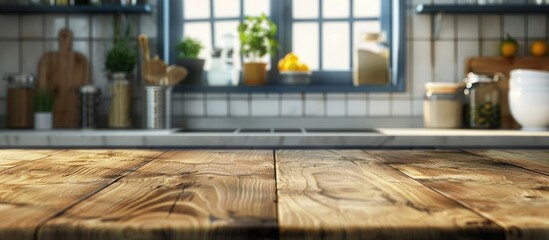 A wooden table without any items on it, set against a blurred background of kitchen accessories, with space for adding text. - obrazy, fototapety, plakaty