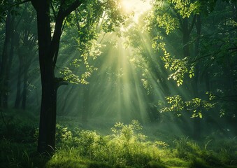 Serene misty morning in a lush green forest with dappled sunlight streaming through the leaves