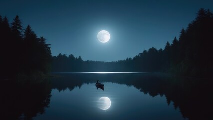 moonlit lake with a canoe - obrazy, fototapety, plakaty