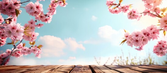 Wooden table top is clear and prepared for presenting your products and food, decorated with pink cherry blossom flowers against a spring sky backdrop. Vintage color scheme.