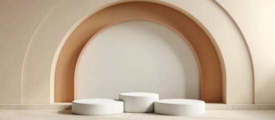 Three identical white stools placed neatly under an elegant archway in a well-lit room
