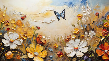 Colorful abstract oil acrylic painting of colorful butterflies flying in the poppy flower fields on the hill, pallet knife on canvas, wide angle view, blue sky