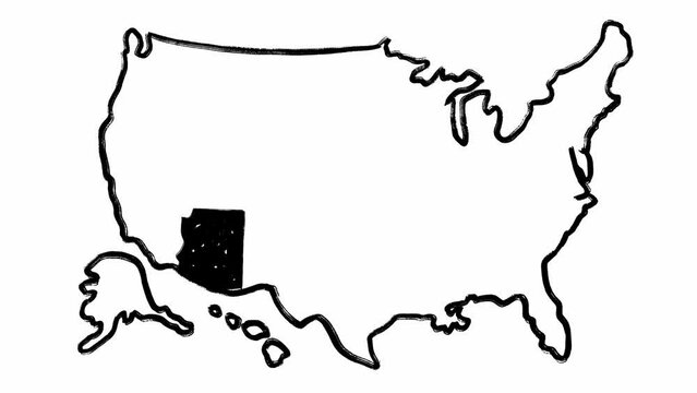 The USA geographical hand drawn map with highlighted Arizona area in set of stop motion animations. Black outline of America country and one of states in isolated footage filmed on white background