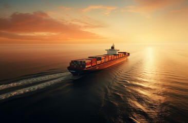 Aerial top view of a cargo ship carrying containers for export cargo. 