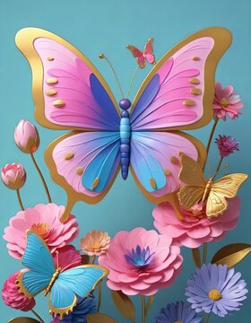 bright colorful flowers in pink and blue tones and a butterfly with a golden tint bright and colorful picture with flowers and butterflies