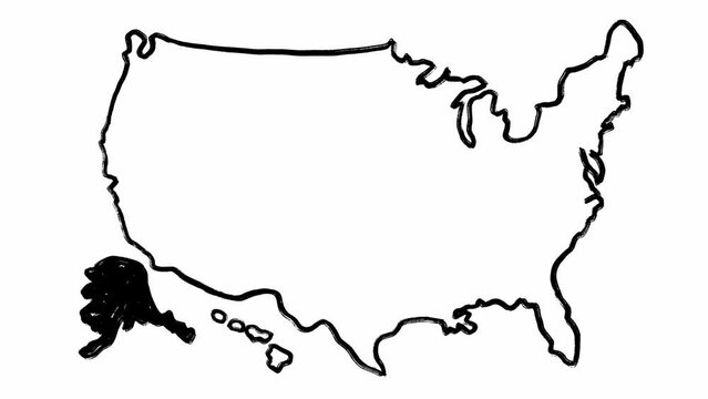 Hand drawn outline of the USA map and Alaska state made in black color on white background filmed in stop motion animation. Full stack of America and one of its parts maps in minimal grunge painting