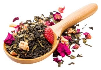 PNG Mix of green tea with strawberry and hibiscus flowers plant herbs spoon.