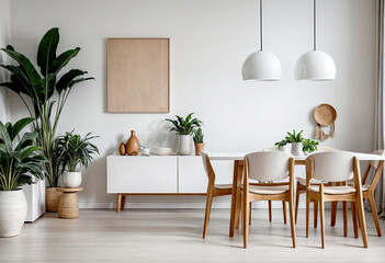 Wooden Chairs in Bright Open Interior with Lamp And Grey Couch