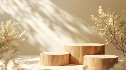 Wooden product display podium with natural white flowers and shadows on beige background under summer sunlight, for advertising cosmetics and natural product presentations.