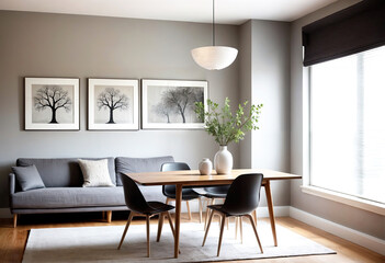 Wooden Chairs in Bright Open Interior with Lamp And Grey Couch