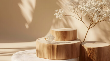 Wooden product display podium with natural white flowers and shadows on beige background under summer sunlight, for advertising cosmetics and natural product presentations.