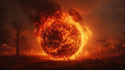 Dramatic scene of a giant fireball explosion in a dark forest, symbolizing disaster or apocalyptic event.
 - obrazy, fototapety, plakaty