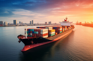 Naklejka premium Aerial top view of a cargo ship carrying containers for export cargo. 