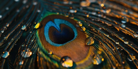 Close-up of a colorful peacock feather glistening with water droplets, showcasing the intricate patterns and vibrant hues - obrazy, fototapety, plakaty