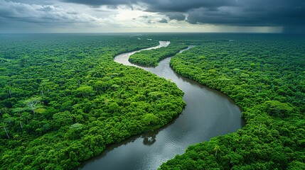 From an aerial view, a lush green forest with a river and hills stretches below. Aesthetic landscape. Generative AI