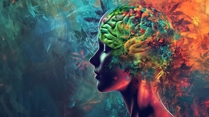 Artistic representation of a human profile with a colorful brain intertwined with cannabis leaves, symbolizing creativity and altered states.
 - obrazy, fototapety, plakaty