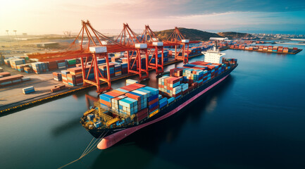 Aerial view of a cargo container ship. Take seaport cargo terminal, harbor crane. Global freight logistics concept.