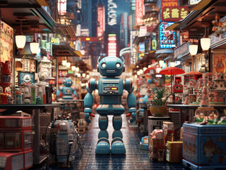 A robot stands in a busy city street with neon signs and people walking around