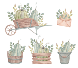 Collection of wooden objects with pumpkins, mushrooms and branches. Watercolor illustration. Autumn botanical pictures for Thanksgiving. Hand drawn isolated art. Vegetables in cart, bucket and box