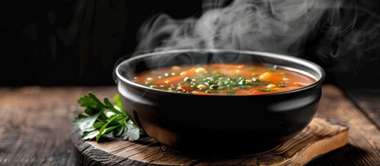 A bowl of hot soup steaming on a wooden table against a black background.