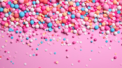 trendy pattern of colorful sprinkles for background of design banner, poster, flyer, card, postcard, cover, brochure over pink
