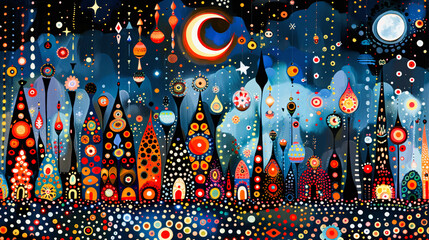 A whimsical, colorful painting depicting a vibrant night scene with abstract, decorative trees under a starry sky with celestial bodies.