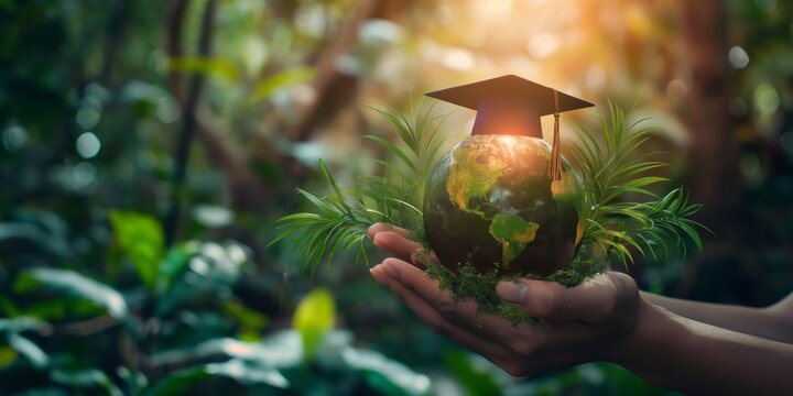 An image portraying a hand holding a green globe with graduation cap symbolizing education and environmental awareness