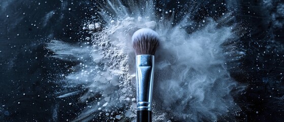 A close shot of silver powder explosion from make up brush on a dark backdrop with a big space for text or beauty product backdrop, Generative AI. - obrazy, fototapety, plakaty